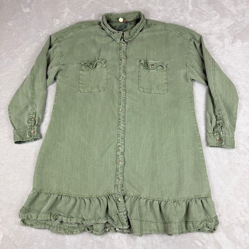 Anthropologie Pilcro Button Down Shirt Dress L Olive Ruffle Hem Boho Cottagecore